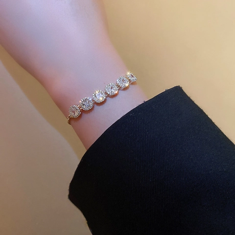 Geometric Zircon Bracelet For Women Copper Gold Plated Adjustable Bolo Clasp Halo Cubic Zirconia Jewelry Gift