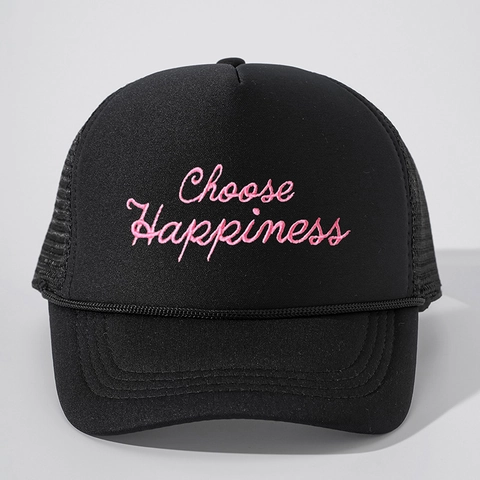 Polyester Trucker Hat Choose Happiness Embroidery Mesh Back Adjustable Sun Protection Outdoor Sport Baseball Cap
