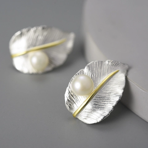 Pastoral 925 Sterling Silver Leaf Pearl Stud Earrings For Women Elegant Gold Silver Plated Artificial Pearl Botanical Jewelry