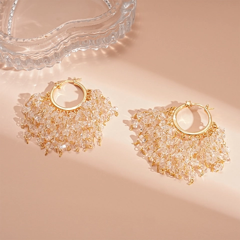 18K Gold Plated Copper Hoop Earrings With Synthetic Crystal Cluster Fringe Star Detail Silver Earring Post For Women