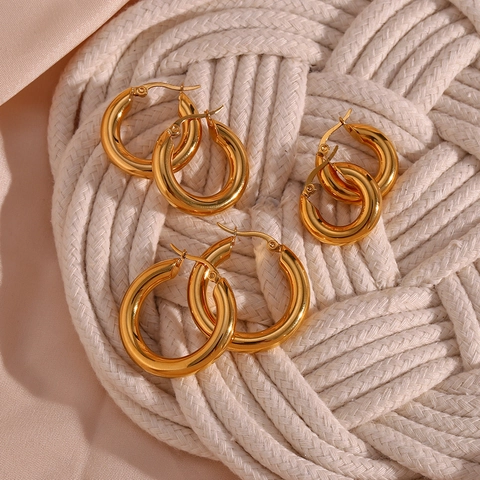 Fashion Minimalist Gold Plated Stainless Steel Round Hoop Earrings For Women Lightweight Smooth Solid Pierced Earring Jewelry
