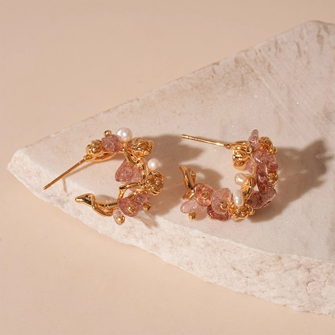 Pendientes De Botón En C Cristal De Fresa Rosa Perla Artificial De Imitación Poste De Plata De Ley 925 Flor De Rosa Vintage Dulce