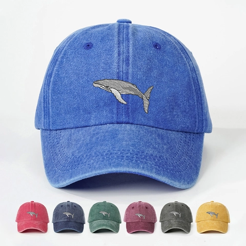 Vintage Washed Polyester Baseball Cap With Whale Embroidery Adjustable Retro Distressed Sun Hat For Men Women