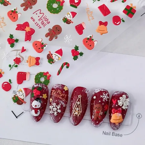 3D Kerst Nagelstickers Met Reliëf Zelfklevende Decals Winter Vakantie Decoratie Cartoon Kerstman Peperkoekman