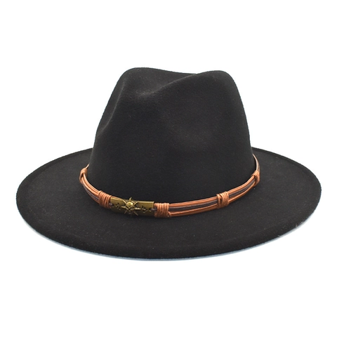 Wide Brim Fedora Hat Woolen Felt Vintage Jazz Cap With Skull Metal Buckle Braided Belt For Women Men Retro Classic Style