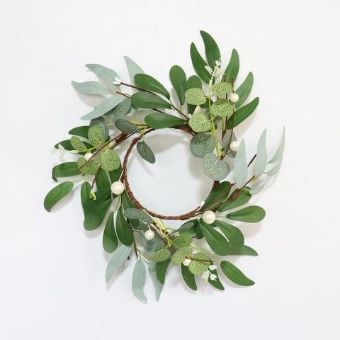 Artificial Eucalyptus Willow Leaf Candle Ring Wreath Satin Greenery With Faux Artificial Pearls For Wedding Home Table Decor
