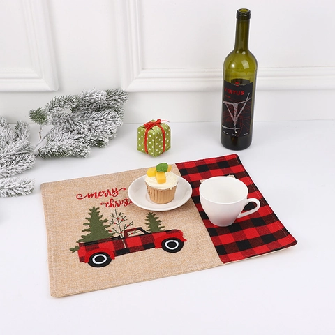 Mantel Individual De Navidad Imitación Lino Tela No Tejida Cuadros Rojos Negros Camión Rojo Árbol Navidad Decoración Mesa