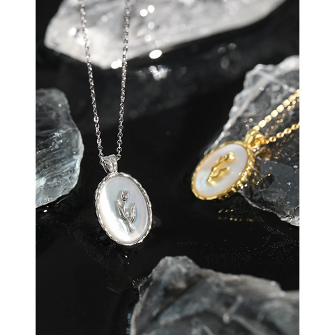Tulip Pendant Necklace 925 Sterling Silver With Mother Of Artificial Pearl Oval Floral Relief French Vintage Style Jewelry For Women