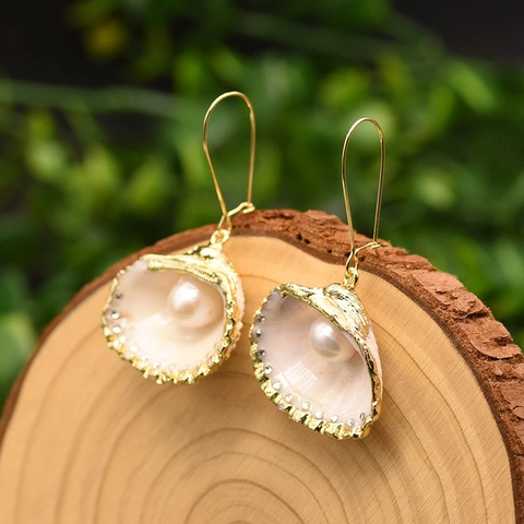 Elegantes Pendientes de Concha Perla Artificial Con Poste Plata Ley 925 Collar Colgante Strass Joyería para Mujer