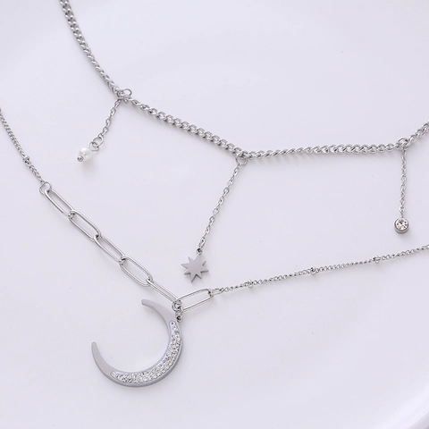 Collana A Strati Mezzaluna Stella Perla Artificial Pendente Acciaio Inossidabile 316L Zirconia Gioielli Minimalisti Per Donna