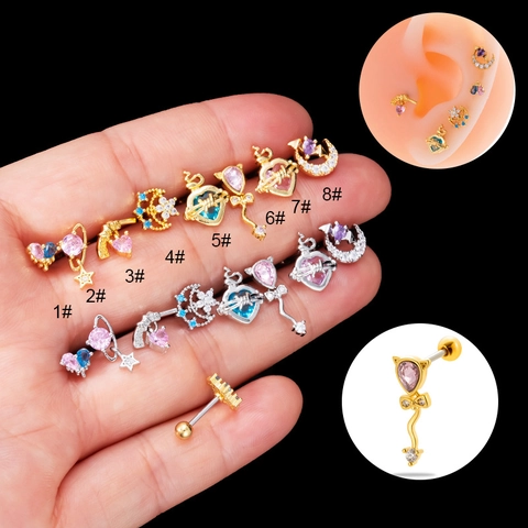 Pendientes De Cartílago De Acero Inoxidable Con Circonitas Estrella Luna Corazón Cierre De Rosca Joyería Para Mujeres