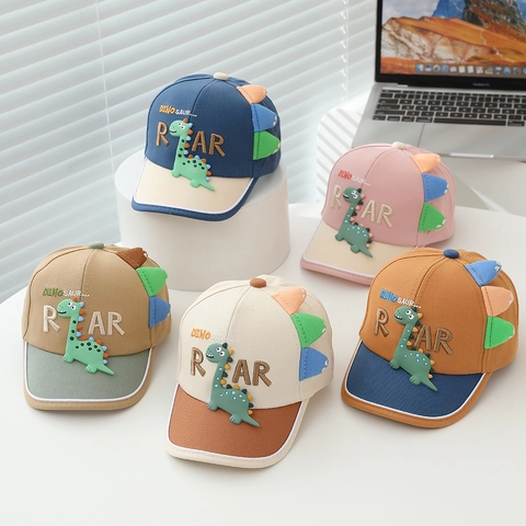 Kids Dinosaur Baseball Cap Cotton Toddler Sun Hat Relief Fins Decor Color Block Outdoor Adjustable For Boys Girls