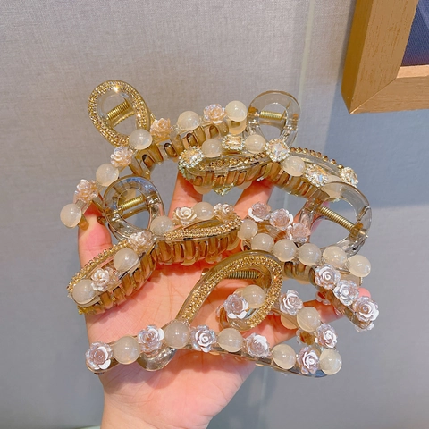 Große Kamelienblüte Haarklammer Künstliche Perle Rhinestone Harz Elegante Haargreifer Für Frauen Dickes Haar Accessoire