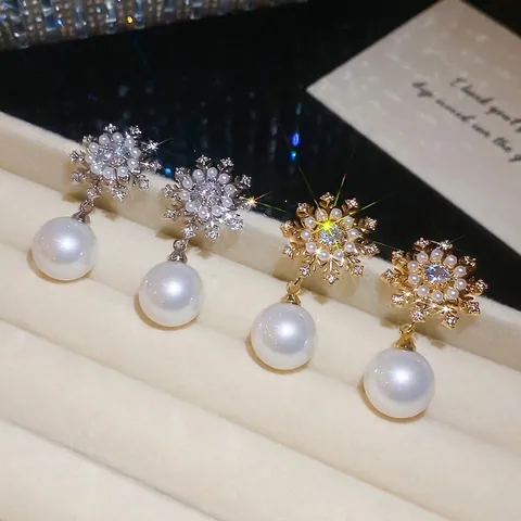 Pendientes Largos De Perla Artificial Copo De Nieve Con Poste De Plata De Ley 925 Zirconia Joyería De Invierno Para Mujeres