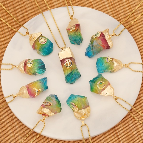 Collana Con Ciondolo In Pietra Di Cristallo Naturale Roccia Arcobaleno Irregolare Catena In Acciaio Inossidabile Oro