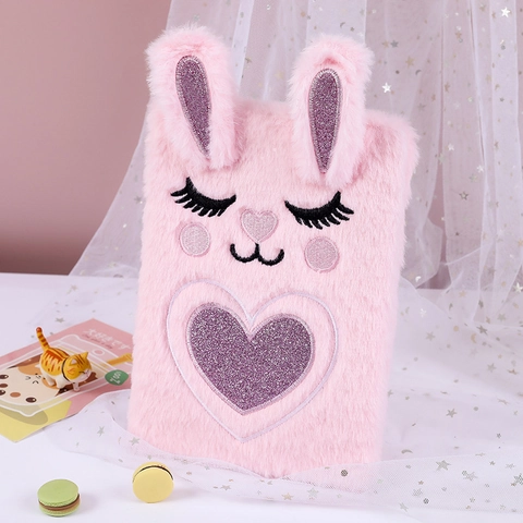Quaderno In Peluche A Forma Di Coniglio Diario In Pelliccia Sintetica Viso Ricamato Cuore Di Paillettes Regalo Kawaii Per Bambini Ragazze