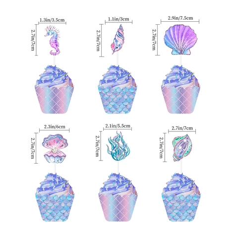 Mermaid Theme Cupcake Toppers And Wrappers Glitter Paper Ocean Seahorse Shell Decor For Birthday Party Kids Supplies