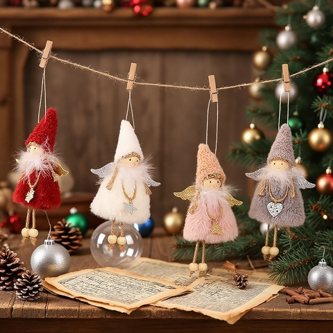 Decorazioni Angeli Di Peluche Di Natale Bambola Fata Appesa Con Pelliccia Sintetica Ali Luccicanti Perline Di Legno Per Albero Di Natale