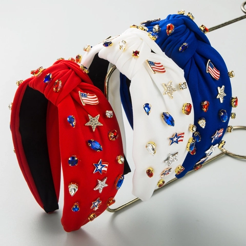 Cerchietto Patriottico Giorno dell'Indipendenza USA Rosso Bianco Blu Strass Stella Bandiera Nodo Donna Accessori Capelli