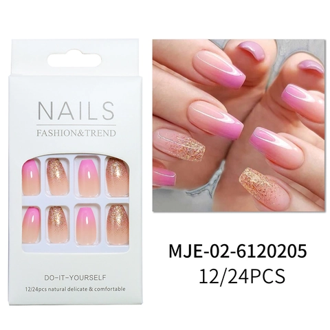 Uñas Postizas A Presión Degradado Rosa Con Lentejuelas Doradas Estilo Ballerina Para Mujeres Estilo Dulce Ins