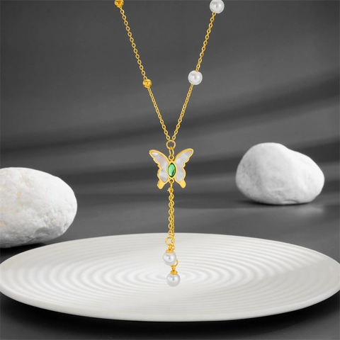 Collar Colgante De Mariposa Acero De Titanio Con Nácar Y Piedra Preciosa Verde Borla De Perlas Artificiales Joyas Elegantes Para Mujer