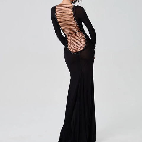 Women Sexy Mesh See Through Long Sleeve Maxi Dress Backless Lace Up Bodycon Floor Length Solid Color Banquet Evening