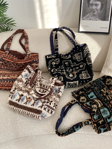 Retro Pluche Tote Bag Omkeerbaar Grote Capaciteit Zachte Lamswol Etnisch Geometrisch Patroon Schoudertas Dames Dagelijks