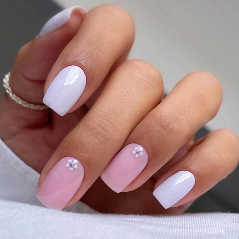 Press On Nagels Roze Wit Bloemenpatroon Glitter Vierkant Halflang Zoete Kunstnagels Voor Dames