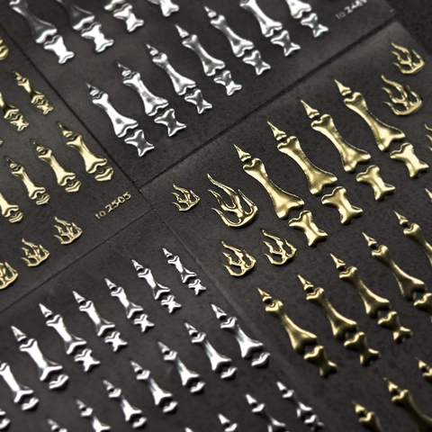 3D Embossed Nail Art Stickers Metallic Gold Silver Flame Skeleton Bone Patterns Gothic Y2K Punk Manicure Decals