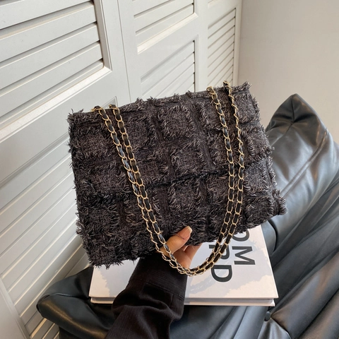 Borsa A Spalla In Tweed Da Donna Retro Plaid Tracolla Catena Borsetta Con Patta A Frange Elegante Tessuto Intrecciato
