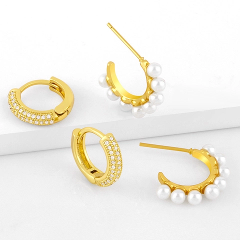 Orecchini A Cerchio A Forma Di C Vintage Barocco Per Donna Placcati In Oro Rame Zirconia Perla Artificial Finta Moda