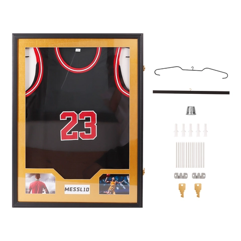 Jersey Display Shadow Box Frame MDF Sports Memorabilia Display Case With Anti-Theft Lock And Plexiglass Wall Hanging Decor