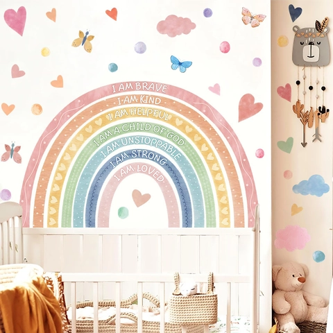 Adesivi Murali Arcobaleno Acquerello Bohémien PVC Autoadesivi Citazioni Ispiratrici Per Decorazione Cameretta Bambini