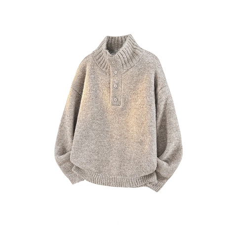 Men Pullover Sweater Half High Collar Button Knit Loose Fit Casual Winter Warm Polyester Blend Solid Color Top