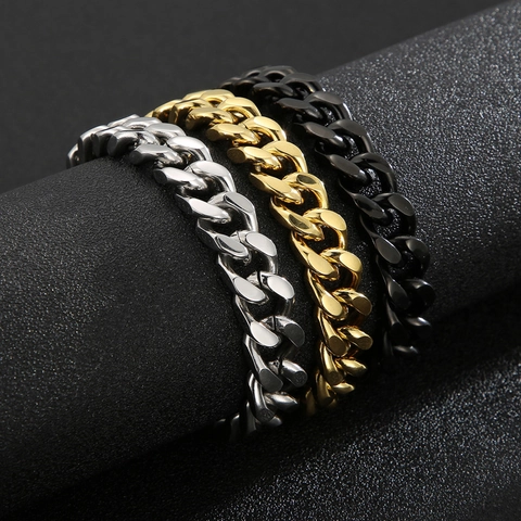 Men Cuban Link Chain Necklace Bracelet Stainless Steel Chunky Flat Curb Hip Hop Punk Streetwear Trendy Jewelry