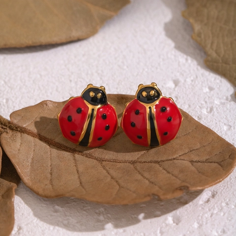 Red Ladybug Stud Earrings 304 Stainless Steel Enamel Animal Jewelry For Women Hypoallergenic Waterproof PVD Gold Plated