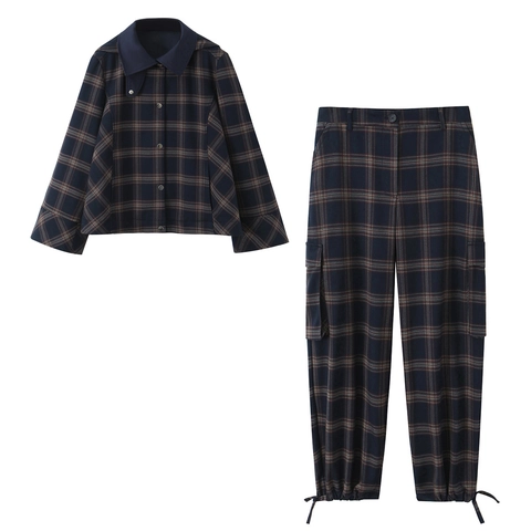 Women Plaid Hooded Jacket And Cargo Pants Casual Streetwear Polyester Long Sleeve Vintage Button Up Clothes
