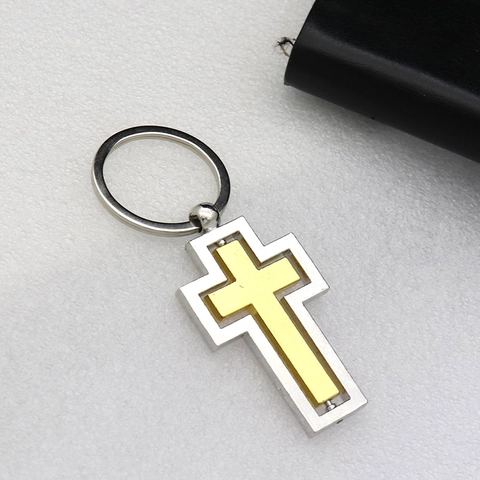 Rotating Cross Keychain Zinc Alloy Double Layer Retro Religious Pendant Ornament For Car Bag Men Women Novelty Accessory