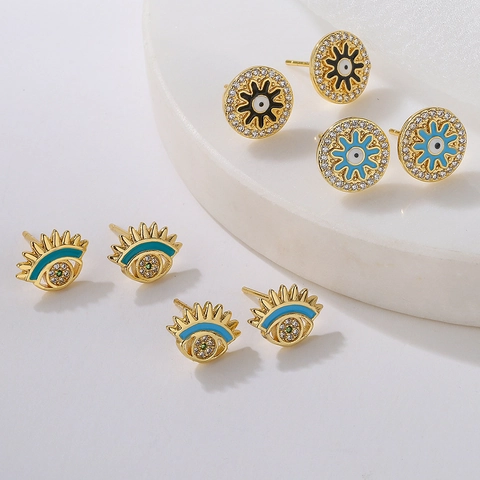 Orecchini A Lobo Malocchio Rame Placcato Oro Zirconia Smalto Geometrico Occhio Blu Gioielli Da Donna