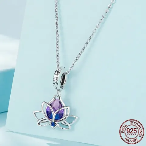 Lotus Pendant Charm 925 Sterling Silver Gradient Purple Blue Water Drop Zircon For DIY Bracelet Necklace