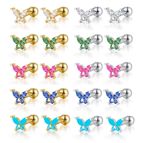 Butterfly Ear Studs 925 Sterling Silver Colorful Cubic Zirconia Screw Back Piercing Tiny Jewelry For Women Girls