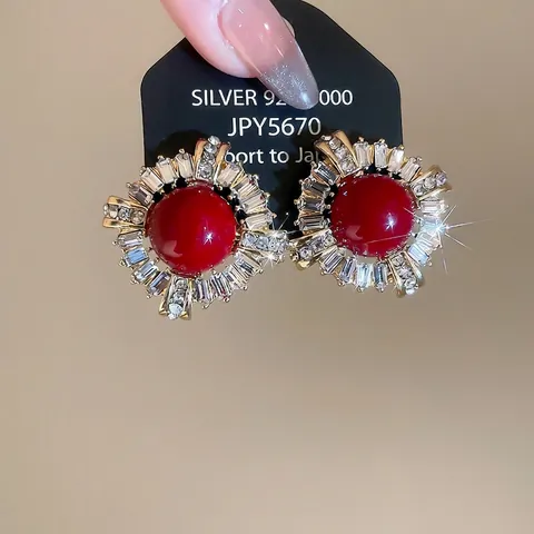 Orecchini A Lobo Rossi Tondi Vintage Con Zircone E Perno In Argento Sterling 925 Gioielli Di Lusso In Stile Francese Per Donne