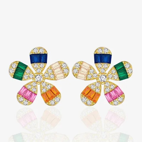 925 Sterling Zilver Veelkleurige Zirconia Madeliefje Bloem Oorknopjes Voor Vrouwen Luxe Multi-Color Pavé Zirconia Kleine Florale Oorbellen Sieraden Cadeau