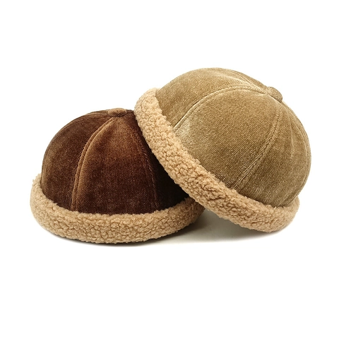 Cappello Docker Vintage In Velluto A Coste Senza Tesa Con Bordo In Lana Di Agnello Berretto Invernale Caldo Per Uomo Donna