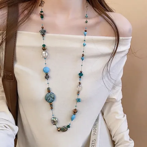 Collana Lunga Perline Ciondolo Farfalla Fiore Rame Vetro Perle Di Riso Pietra Artificiale Vintage Stile Boho Etnico Donna