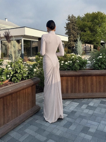 Dames Maxi Jurk Met Hoge Hals En Lange Mouwen Slim Fit Geplooid Bodycon Effen Kleur Elegant Herfst