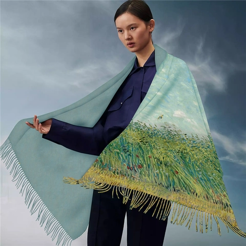 Van Gogh Oil Painting Wheat Field With Lark Scarf For Women Cashmere Like Pashmina Shawl Winter Warm Tassel Wraps