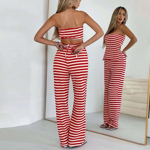 Damen Gestreiftes Strick Tube Top Und High Waisted Wide Leg Hose Sexy Sommer Strand Streetwear