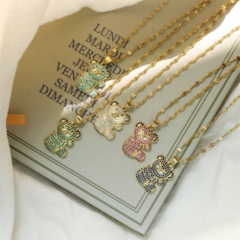 Collana Con Pendente A Orso Rame Micro Pave Zircone Simpatico Animale Cartone Animato Gioielli Lucidi
