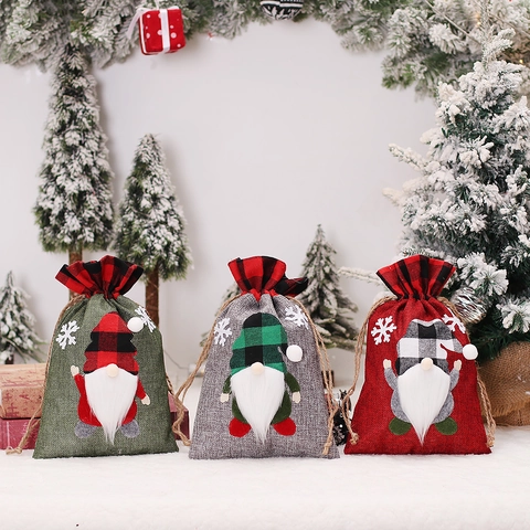 Weihnachts Geschenktüten Sackleinen Kordelzug Partybeutel Gnome Applikation Buffalo Karo Schneeflocke Feiertag Süßigkeiten Verpackung